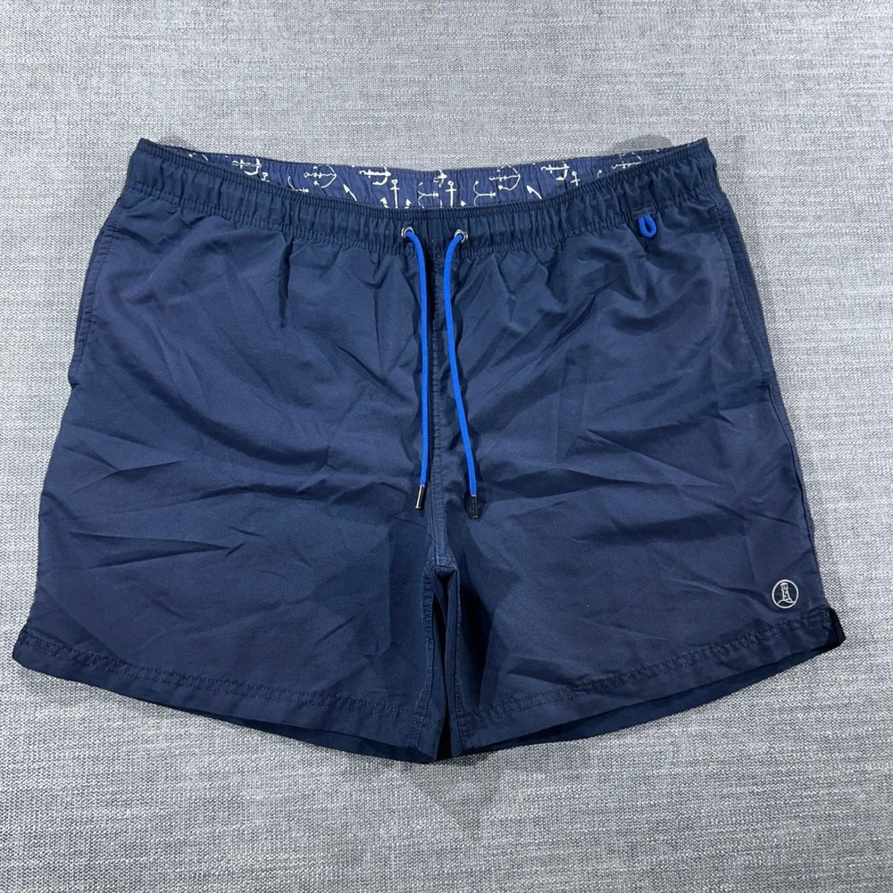 Lands' End Swim Trunks Mens Large 36-38 Navy Blue Excellent Nautical Anchor 1426